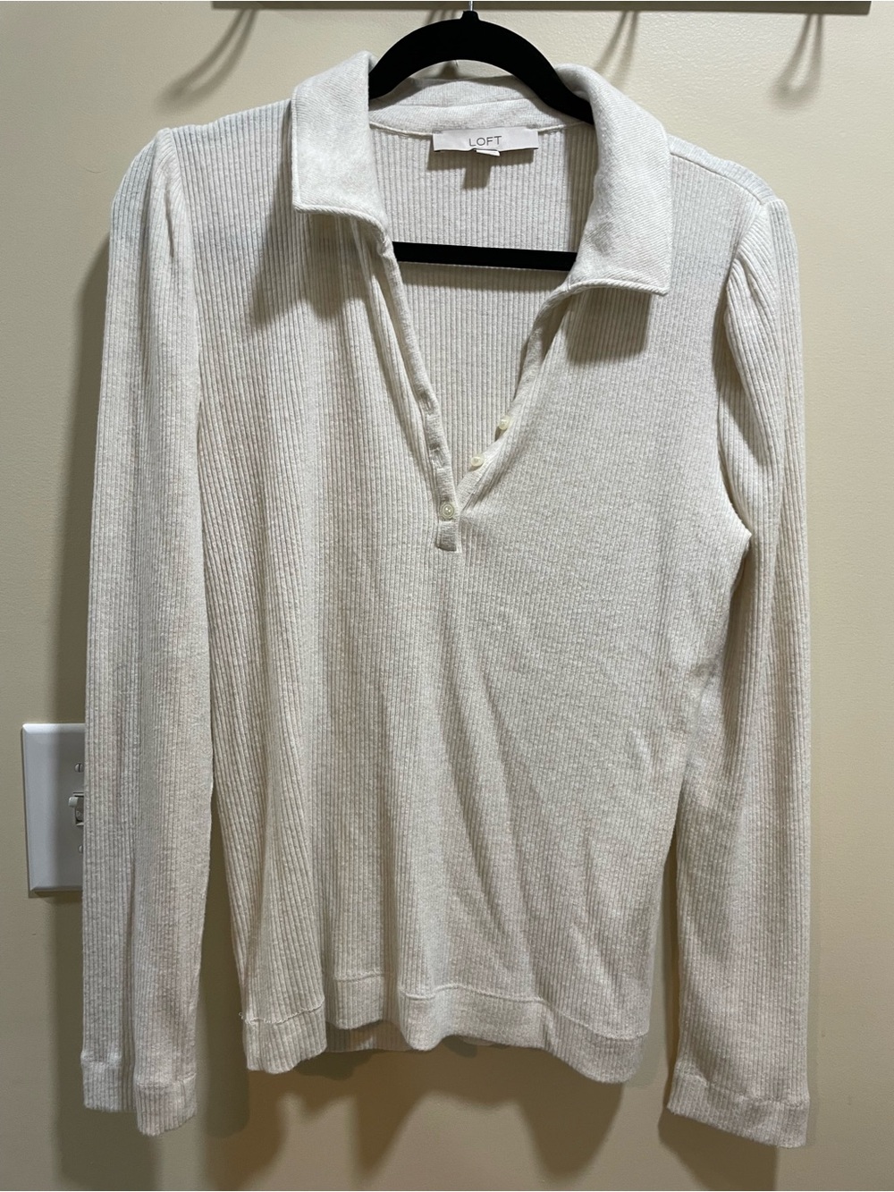 LOFT Cream Ribbed Long Sleeve Polo Top